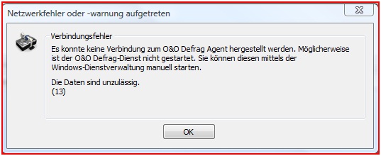 Network error or -warning occurred Connection error couldn’t connect to O&O Defrag Agent. Maybe the O&O defrag-service isn't started. This can be started via windows service management console. Data incorrect