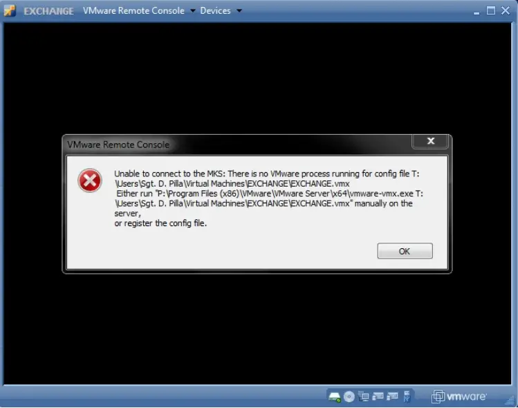 Unable to connect to the MKS: There is no VMware process running for config file 