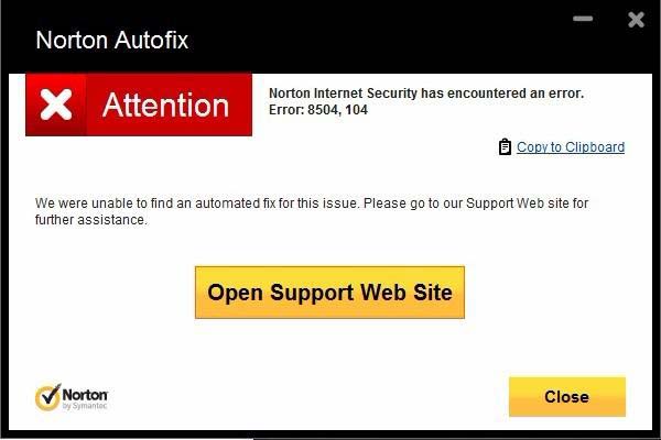 Norton Autofix Norton Internet Security has encountered an error. Error: 8504, 104