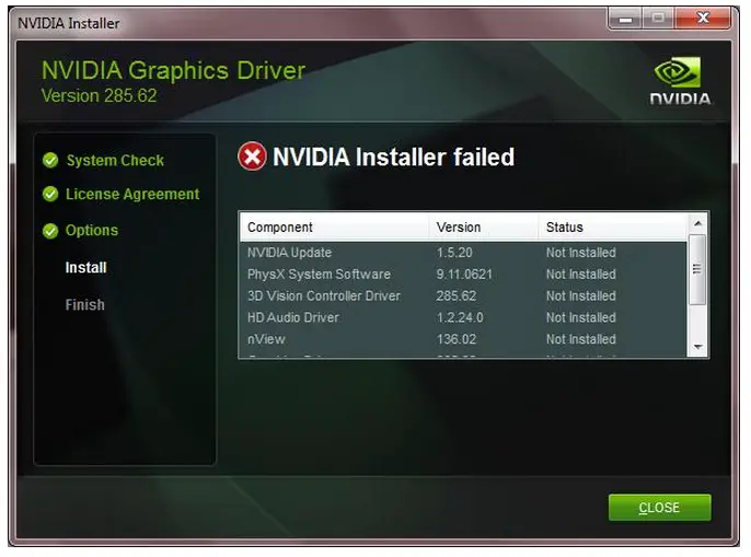 NVIDIA Installer NVIDIA Graphics Driver Version 285.62 NVIDIA Installer failed