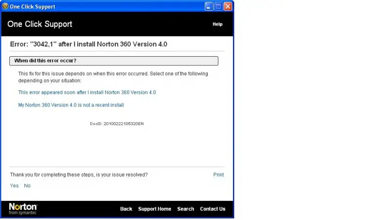 Norton 360 Version 4.0-One Click Support Error: “3042.1”