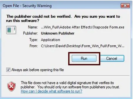 Security warning dialog, choose Run
