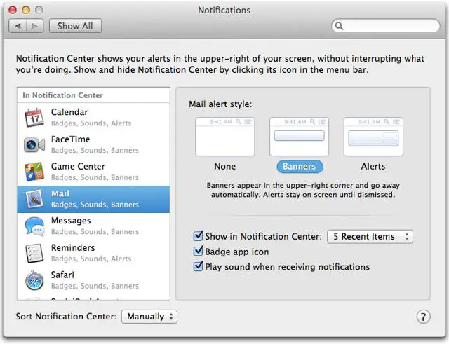 settings for alerts, banners, and notifications