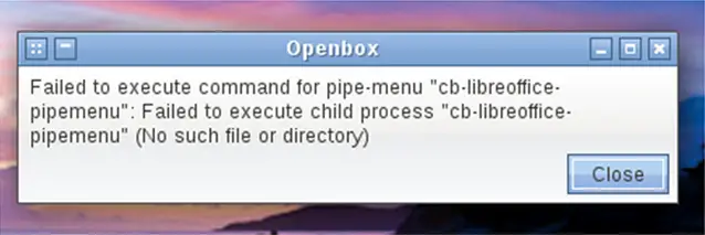 Failed to execute command for pipe-menu “cb-libreoffice-pipemenu”: Failed to execute child process “cb-libreoffice-pipemenu” (No such file or directory)