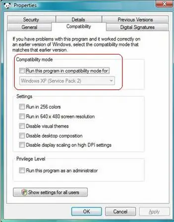 Run this program in compatibility mode for" check box. The Windows XP (Service Pack 2)