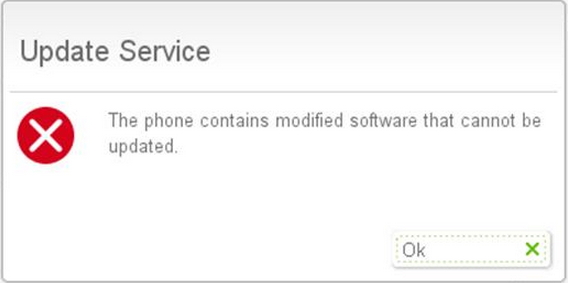 Update Service The phone contains modified software that cannot be updated.