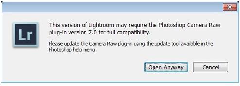 This version of Lightroom may require the Photoshop Camera Raw plug-in version 7.0 for full compatibility