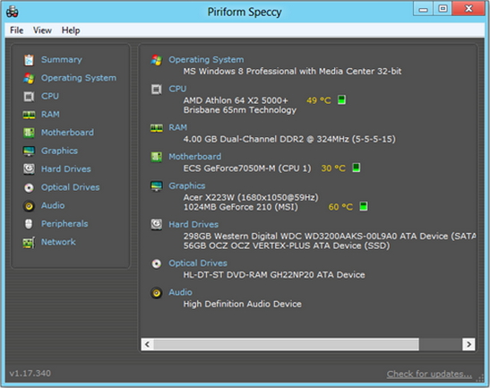 System information utility which is Piriform Speccy