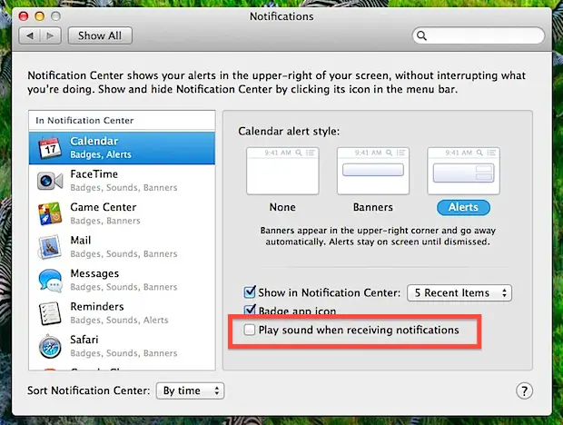 mute notification center alert sounds os