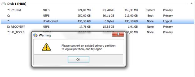 Please convert an existed primary partition to logical partition, and try again.