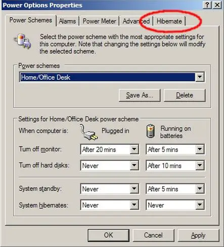 Power Options Properties dialog Hibernate