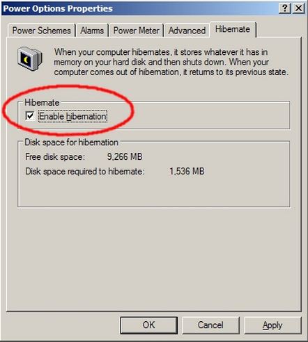 Power Options Properties window Hibernate tab
