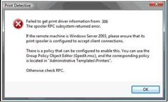 Failed to get print driver information from 306 The specific RPC subsystem returned error. 
