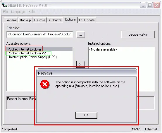 SIMATIC ProSave -The option is incompatible with the software on the operating unit (firmware, installed options, etc.)