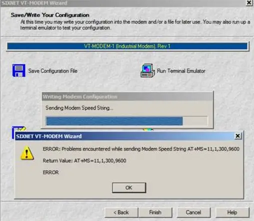 ERROR: Problems encountered while sending Modem Speed String AT+MS=11,1,300,9600 Return Value : AT+MS=11,1,300,9600 