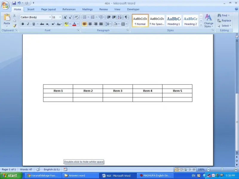 table in MS word