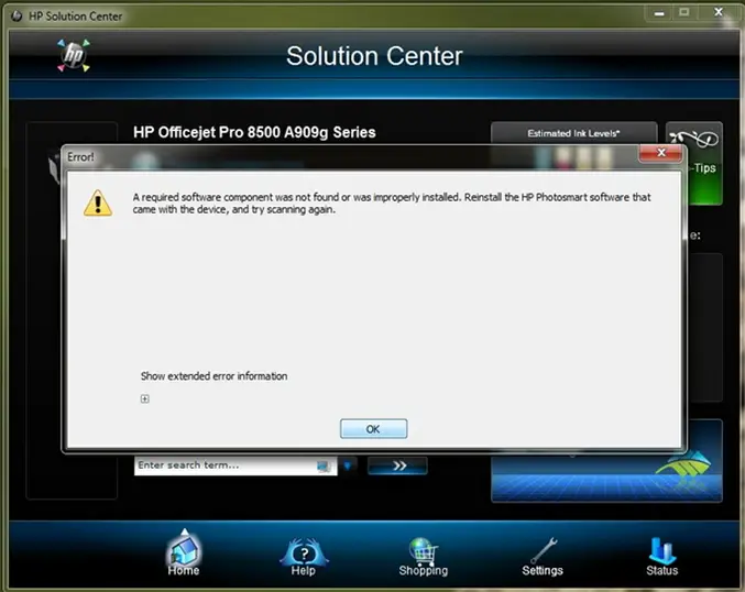 HP solution center Error A required software component was not found or was improperly installed.