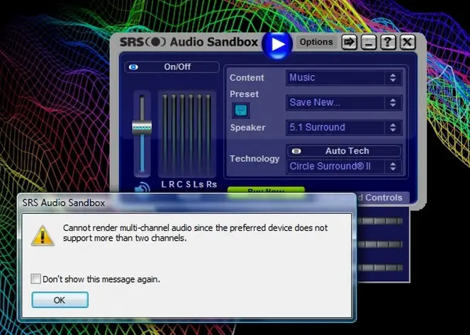 SRS Audio Sandbox Cannot render multi-channel audio since the preferred device does not support more than two channels.