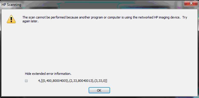 scan cannot be performed because another program or computer is using the networked HP imaging device