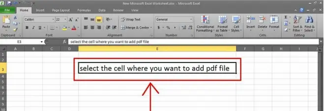 Select the cell to add pdf file