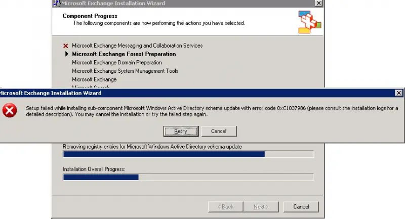 Setup failed while installing sub-component Microsoft Active Directory schema update with error code 0xC1037986 please consult the installation logs for a detailed description. You may cancel the installation or try the failed step again