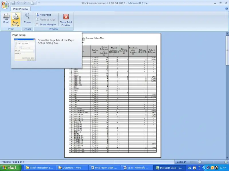 MS Excel page Setup