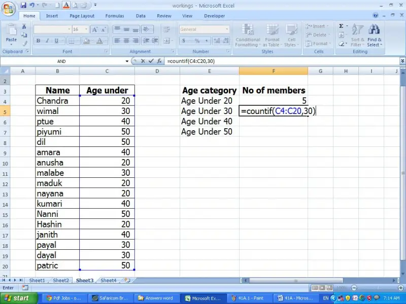 Countif Function in excel