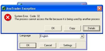 System Error. Code: 32 The process cannot access the file because it is being used by another process.