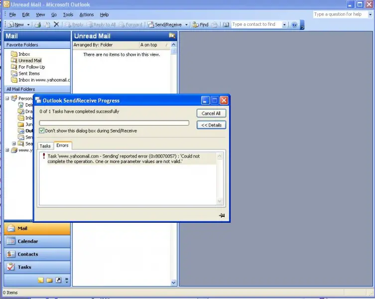 outlook express-Sending' reported error (0x80070057)