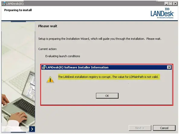 The LandDesk Installer registry is corrupt. The value for LDMainPath is not valid