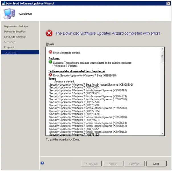 The download software updates Wizard completed with errors