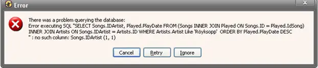 Error executing SQL “SELECT Songs.IDArtist,Played.PlayDate