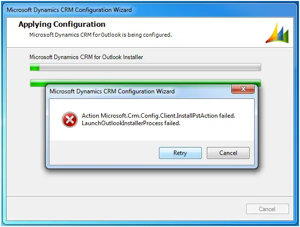 Action Microsoft Crm.config Client InstallPstAction failed