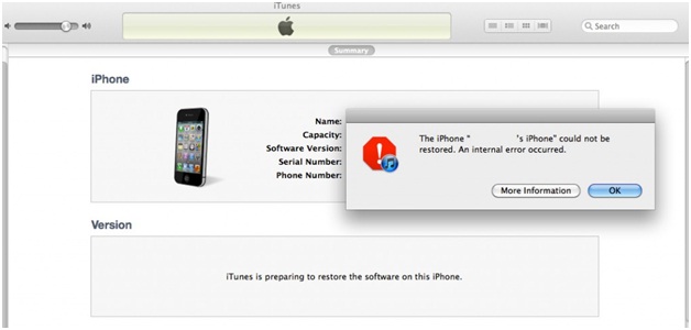 The iphone could not be restored. An internal error occurred.
