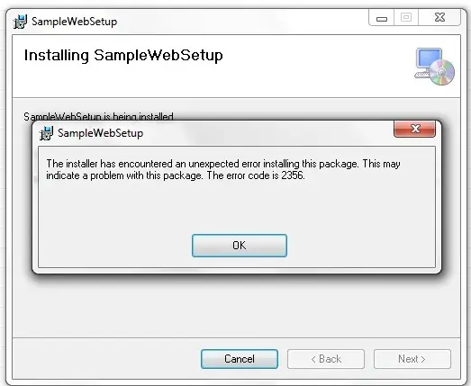 The installer has encountered an unexpected error installing the package, This may indicate a problem with this package. The error code is 2356