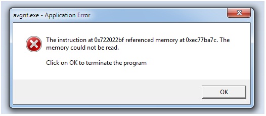 The instruction at 0x012b1a1a referenced memory at 0x00000000. The memory could not be read Click on OK to terminate the program
