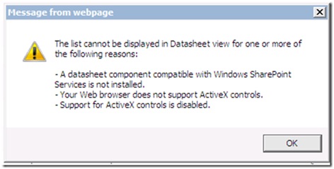 A datasheet component compatible with Windows Sharepoint services is not installed