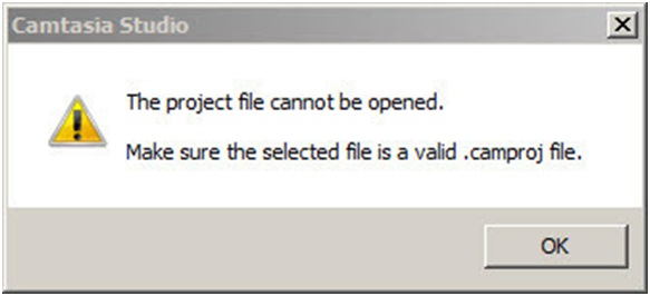 Camtasia Studio The project file cannot be opened