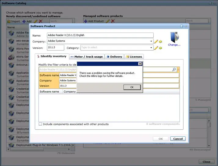 Error: There was a problem saving the software product. Check the Aitiris logs for further details