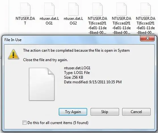 This action can't be completed because the file is open in system