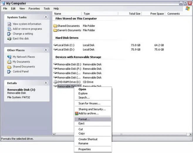 My Computer-right click the removable disk drive-Format