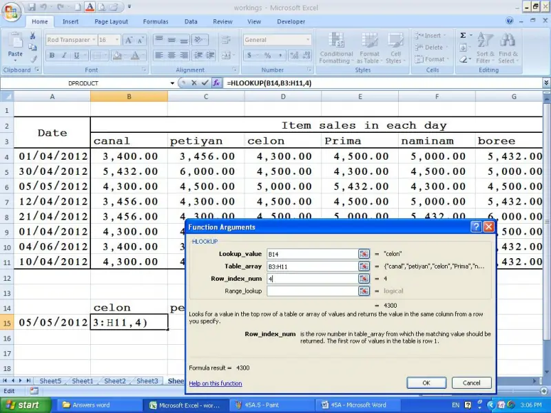 Excell HLOOKUP function