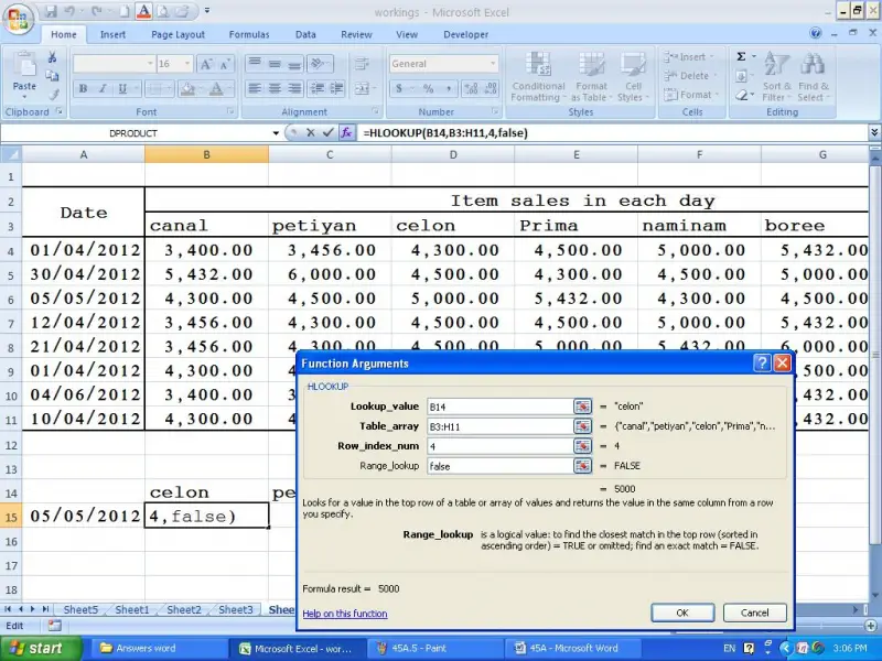 Excel function HLOOKUP