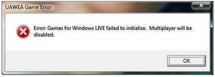 UAWEA Game Error Error: Games for Windows LIVE failed to initialize. Multiplayer will be  disabled.