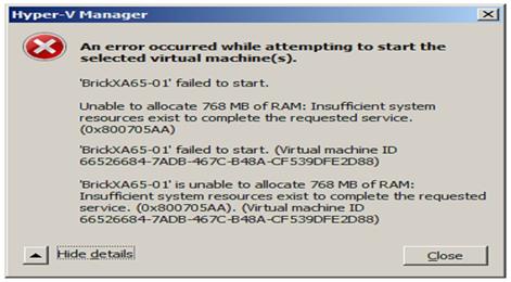 An error occurred while attempting to start the selected virtual machine