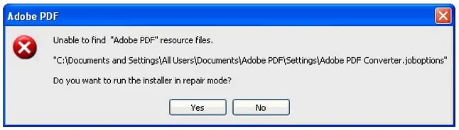 Adobe PDF Unable to find “Adobe PDF” resource files.