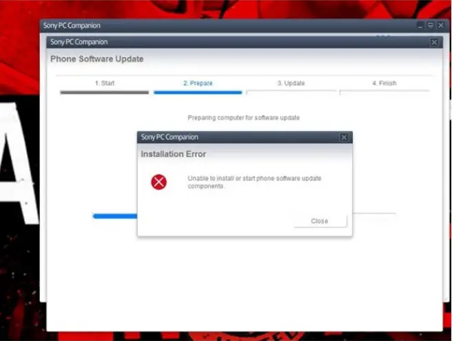 Sony PC Companion Installation Error Unable to install or start phone software update components. 