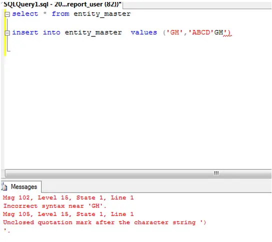 Msg 102, Level 15, State 1, Line 1 Incorrect syntax near 'GH'.