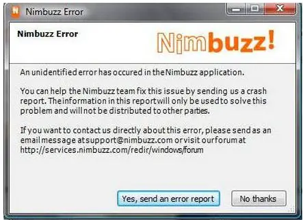 An unidentified error has occurred in the Nimbuzz application.