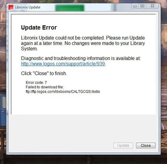 Error code: 7. One of them I recorded, it says it failed to download file ftp://ftp.logos.com/lbxbooks/CALTGCGS.lbxlls.